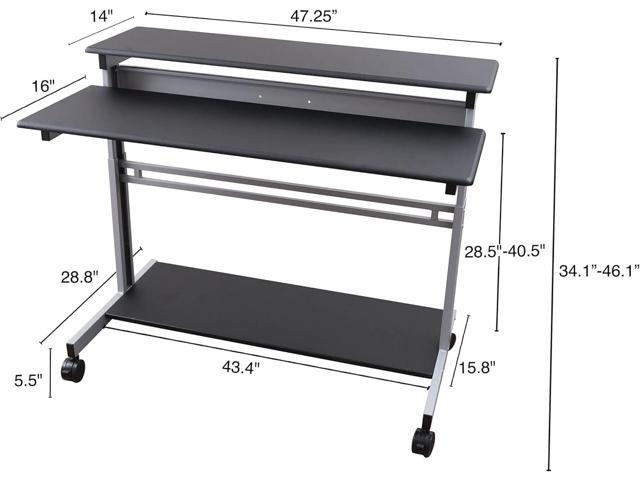 Stand Up Desk Store Rolling Adjustable Height Two Tier Standing Desk Computer Workstation (Silver Frame/Black Top, 48' Wide)