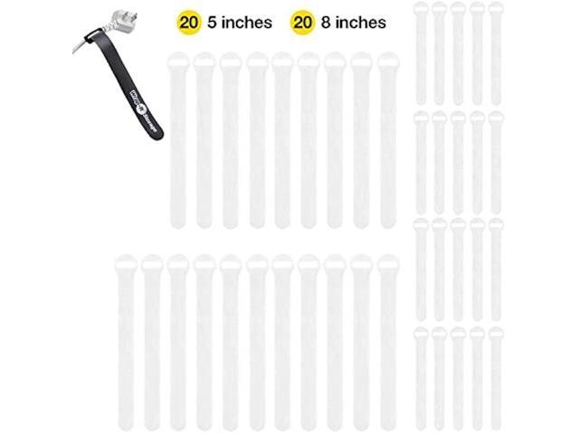 Self-Gripping Cable Ties by Wrap-It Storage, White, 40 Pack (5 Inch and 8 Inch Straps) Reusable Hook and Loop Cord Organizer Cable Ties for Cord...