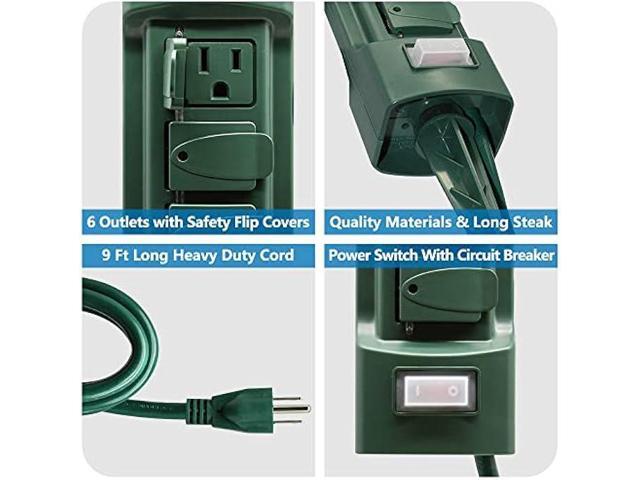 K KASONIC Outdoor Power Stake, Kasonic 6-Outlet 9 ft Extension Cord Power Strip, Double Sided with Weatherproof Safety Flip Covers, ETL Certified...