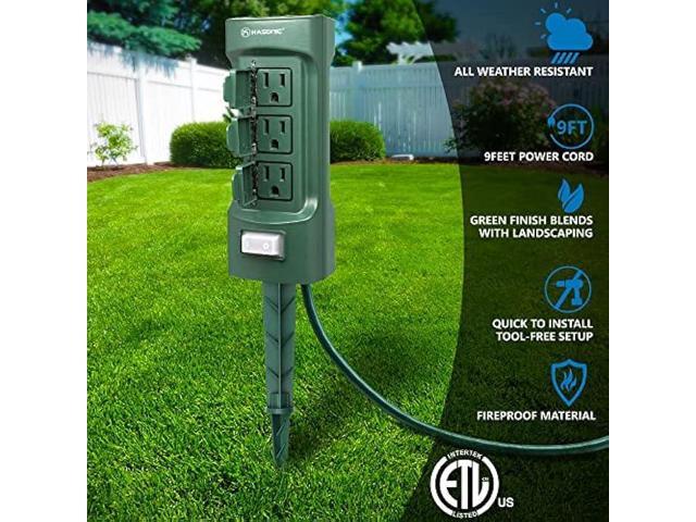 K KASONIC Outdoor Power Stake, Kasonic 6-Outlet 9 ft Extension Cord Power Strip, Double Sided with Weatherproof Safety Flip Covers, ETL Certified...
