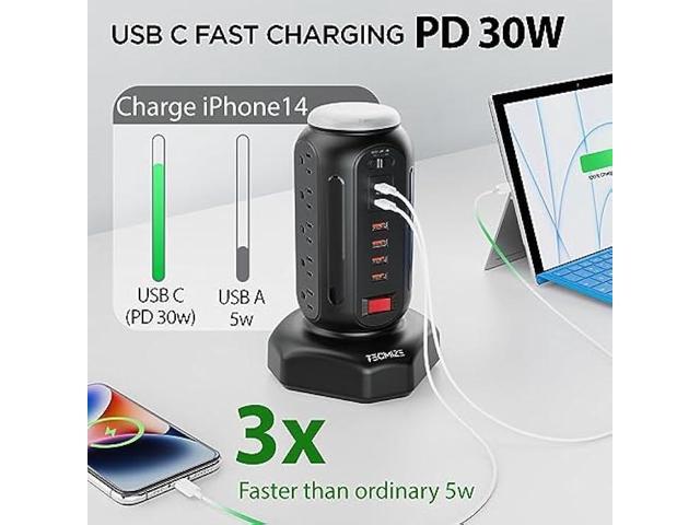 Power Strip Tower-Surge Protector-Fast Charging PD 30W-Multiple Plug Outlet Tower w/RGB Night Light-15 Outlets Power Tower-6 USB Ports-Space...