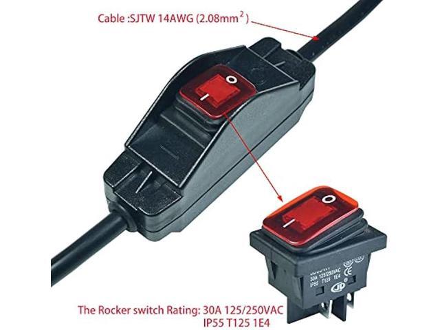 Black 3 Prong Extension Cord with Waterproof Switch14AWG Heavy Duty Short Extension Cord with RED LED On Off Switch