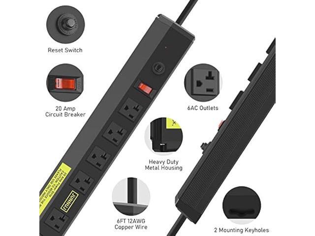 JUNNUJ Heavy Duty Metal Power Strip 20 Amp, High Amp Surge Protector 6 Outlet, 20A Power Strips Workshop Industrial Outlets Wide Spaced 6-20R...