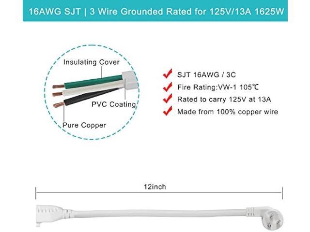 Short Power Extension Cord 1FT - Right Angle Flat Head Extension Cord with 3 Prong White Low Profile Flat Plug 3 Prong Power Cable Single Grounded...