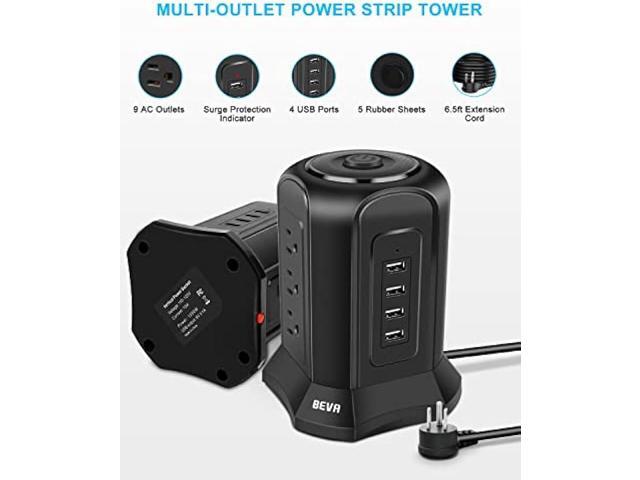 Power Strip Tower Surge Protector, BEVA Surge Protector Tower with 9 AC Outlet and 4 USB Ports, 18AWG 6.5 Feet Extension Cord, 3-Prong Flat Plug,...