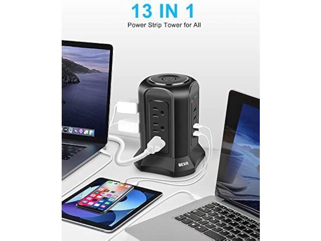 Power Strip Tower Surge Protector, BEVA Surge Protector Tower with 9 AC Outlet and 4 USB Ports, 18AWG 6.5 Feet Extension Cord, 3-Prong Flat Plug,...