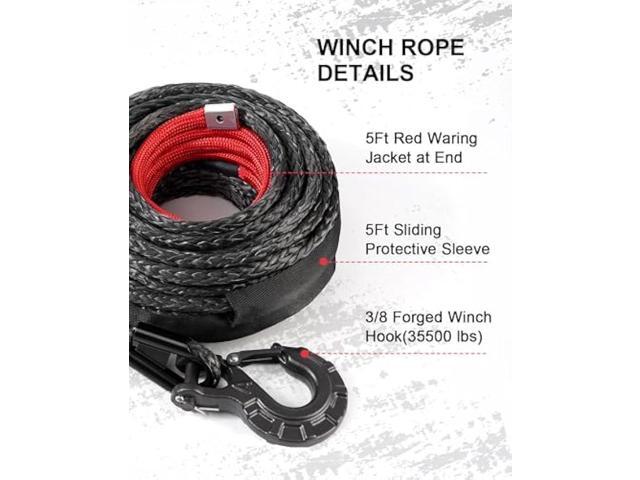 DAYDOOR 3/8'' x 92ft Synthetic Winch Rope, 25,500 Lbs Winch Rope Cable Kit, Winch Line Replacement with Protective Sleeve and Heavy Duty Forged...