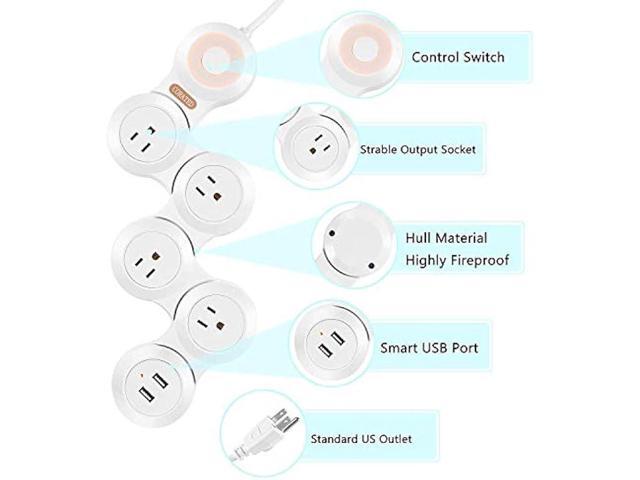 Flexible Surge Protector Power Strip with 2 USB Ports and 4 Outlets for Home, Office and Travel (9Ft Long Cord, White)