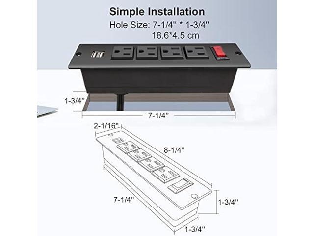 Recessed Power Strip with USB Flush Mount Power Outlet Built in Desktop Power Extension Cord Plug for Countertop Kitchen Drawer Conference Cabinet...
