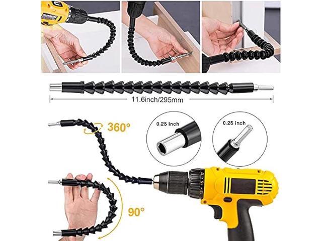 Flexible Drill Bit Extension Set, 105° Right Angle Drill Attachment, 1/4 3/8 1/2 Hex Shank Impact Driver Socket Adapter Rotatable Socket, Bendable...