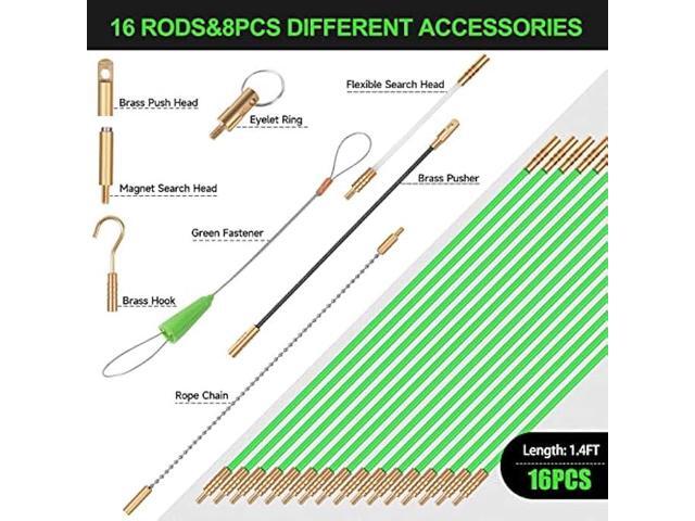 FTIHTRY 22FT Fiberglass Running Electrical Wire Cable Glow Rods Wire Pulling, Fish Rods Electrical Kit with 8 Different Attachments and Fish Tape...