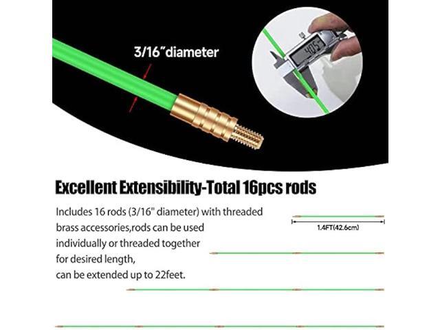 FTIHTRY 22FT Fiberglass Running Electrical Wire Cable Glow Rods Wire Pulling, Fish Rods Electrical Kit with 8 Different Attachments and Fish Tape...