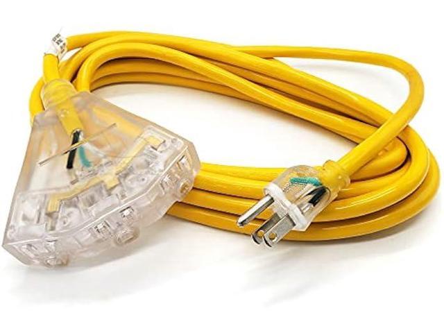 15 ft - 14 Gauge Heavy Duty 3-Outlet Lighted SJTW Indoor/Outdoor Yellow Extension Cord by Watt's Wire - 15' 14-Gauge Grounded 15-Amp Power-Cord (15...