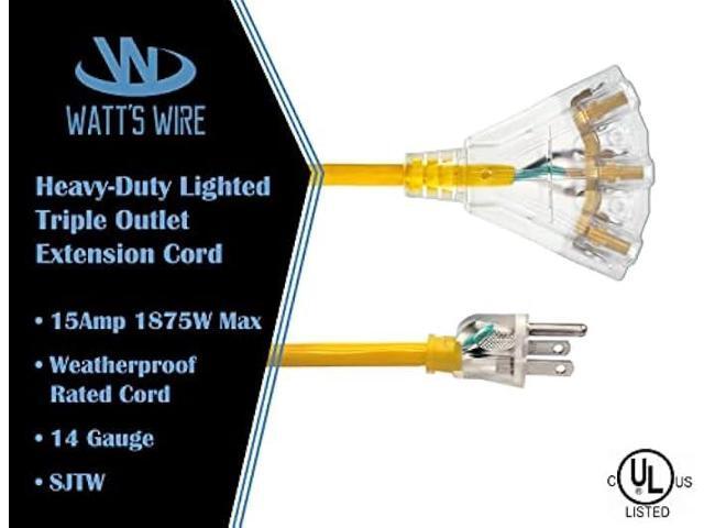 15 ft - 14 Gauge Heavy Duty 3-Outlet Lighted SJTW Indoor/Outdoor Yellow Extension Cord by Watt's Wire - 15' 14-Gauge Grounded 15-Amp Power-Cord (15...