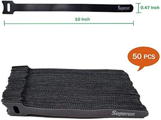 Superun 50 Pcs Black 10 Inch Fastening Cable Ties Reusable Cord Organizer, Adjustable Hook and Loop Wire Wrap Cable Management