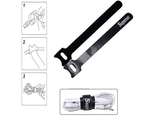 Superun 50 Pcs Black 10 Inch Fastening Cable Ties Reusable Cord Organizer, Adjustable Hook and Loop Wire Wrap Cable Management