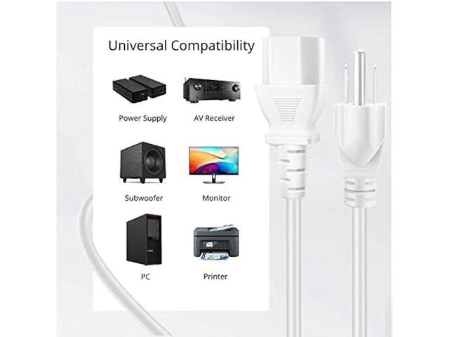 TNP Universal Power Cord (10 Feet) - NEMA 5-15P to IEC320C13 Power Cable Wire Connector Socket Plug Jack - White