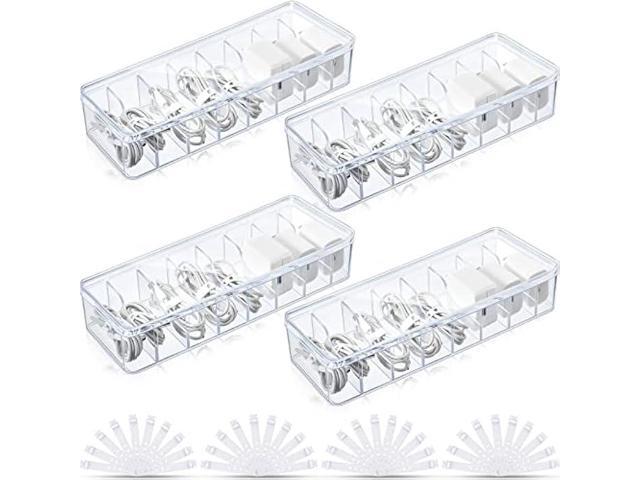 4 Pcs Cable Organizer Box with 40 Pcs Wire Ties, Clear Plastic Cord Storage Box with Lid, Electronics Organizer for Home Office Desk Organizers and...