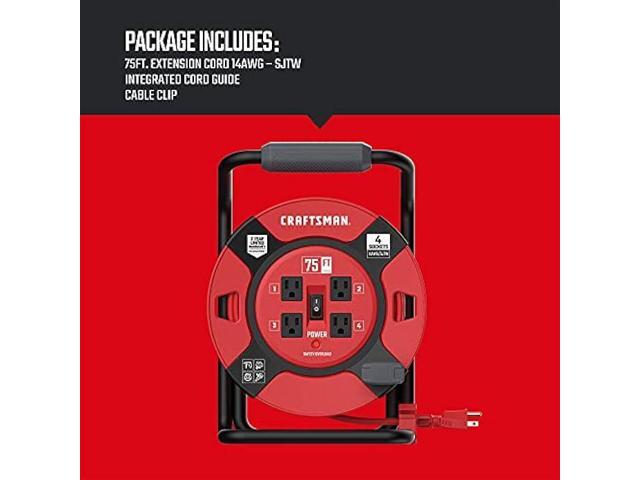 CRAFTSMAN Retractable Extension Cord Reel 75 Ft. With 4 Outlets & Heavy Duty 14AWG SJTW Cable