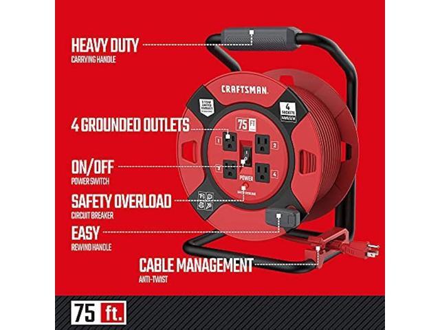 CRAFTSMAN Retractable Extension Cord Reel 75 Ft. With 4 Outlets & Heavy Duty 14AWG SJTW Cable