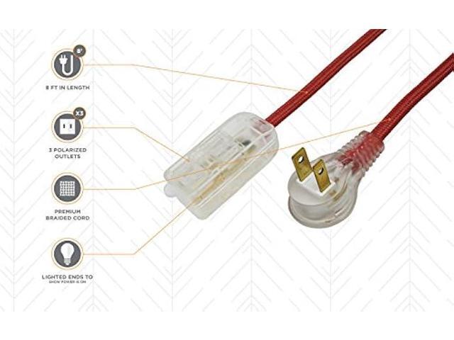 Woods 64600701 Decor Series 8-Foot Fabric Braided Indoor Extension Cord with Lighted Ends, 3 Polarized 2-Prong Outlets, Right Angle Plug, 125...