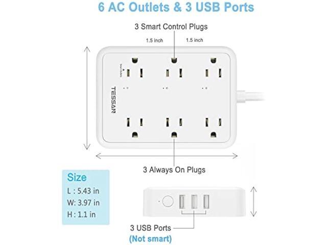 Smart Power Strip, TESSAN WiFi Flat Plug Strip with 3 Smart Outlets and 3 USB Ports, 6 Feet Extension Cord, Wall Mountable Surge Protector,...