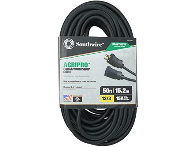 AgriPro Southwire 64816901 12/3 SJTOW Foot Heavy Duty 15 Amp Farm/Workshop Extension Cord; Made in The USA; 50-Feet; UL Listed; Black