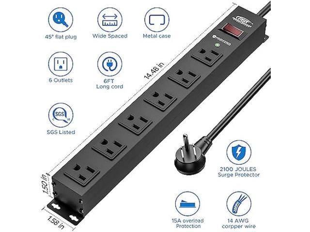 CRST 6 Outlet Heavy Duty Power Strip with Switch, 15A/1875W Metal Mountable Power Strip Surge Protector 2100Joules, Wide Spaced Power Bar for...