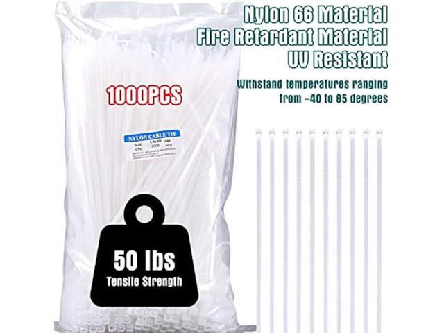 White Zip Ties 12 Inch Heavy Duty Clear 1000 Pack Tensile Strength 50 lbs UV Resistant Industrial Cable Ties Self Locking Zipties Wire Ties Wrap...