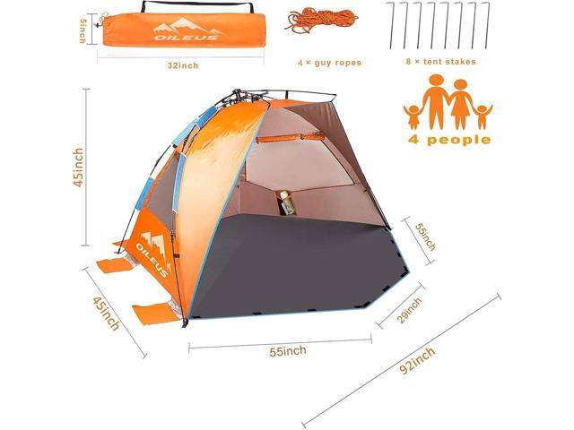 Oileus X-Large 4 Person Beach Tent Sun Shelter - Portable Sun Shade Instant Tent for Beach with Carrying Bag, Stakes, 6 Sand Pockets, Anti UV for...