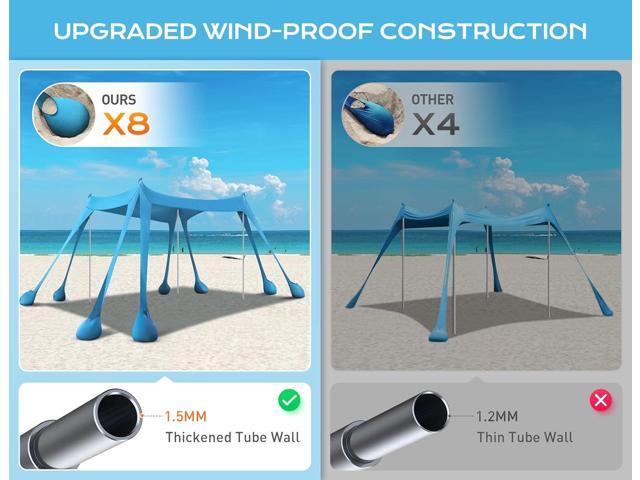 Beach Tent, Beach Canopy UPF50+ UV Protection, 10x10ft Beach Shade Sun Shelter with 8 Sandbags, Sand Shovels, Ground Pegs, Stability Poles for...
