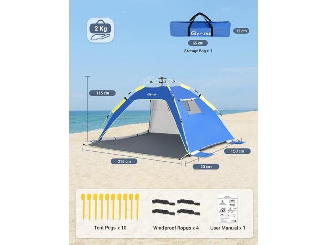 Glymnis Pop Up Beach Tent Sun Shade Shelter for 4 Person with UPF 50+ Easy Setup, 3 Ventilation Windows, Extended Floor Family Instant Beach Tent