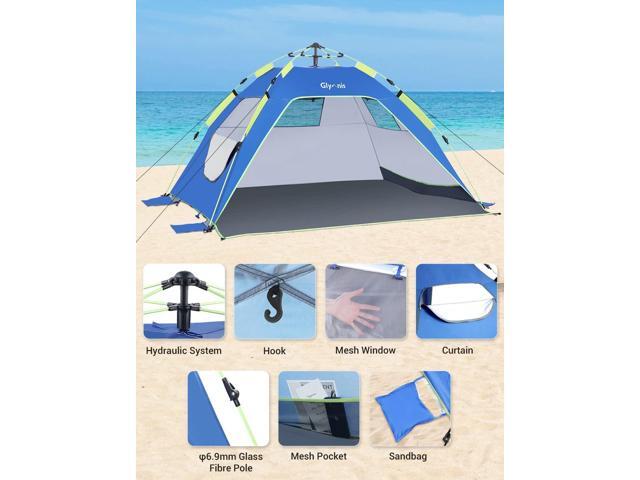 Glymnis Pop Up Beach Tent Sun Shade Shelter for 4 Person with UPF 50+ Easy Setup, 3 Ventilation Windows, Extended Floor Family Instant Beach Tent