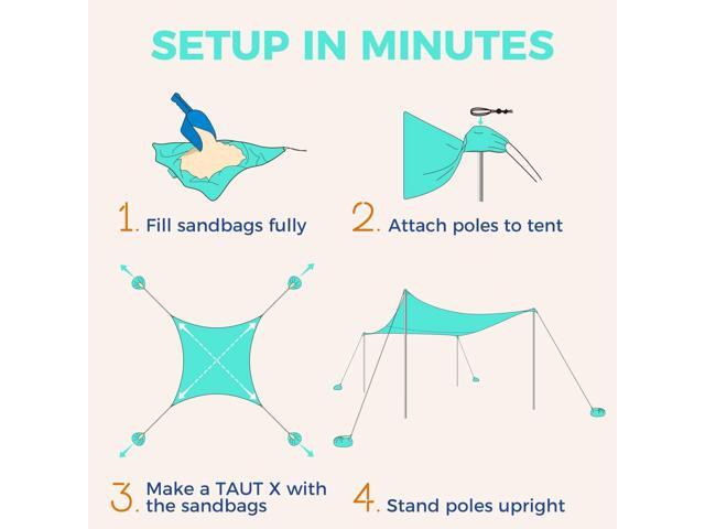 WEKAPO Beach Tent Sun Shelter - Easy Setup Beach Canopy with 4 Sturdy Poles, Large Sandbags and Shovel, 6'7'' Tall, Windproof Beach Sun Shade for...