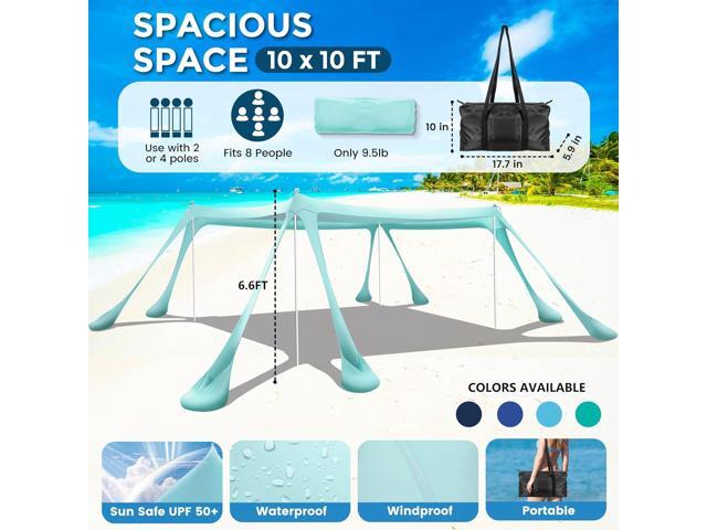 Beach Canopy Beach Tent Pop Up Shade 10x10ft Sun Shelter UPF50+ with 8 Sandbags-2 Sand Shovel-4 Aluminum Poles-Ground Pegs-Portable Carrying Bag...