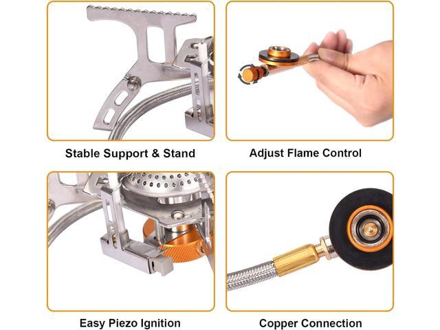 Portable Camping Gas Stove with 1LB Propane Tank Adapter, Foldable Camp Stove Backpacking Stove with Piezo Ignition for Outdoor Hiking Cooking Burner