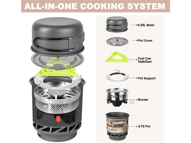 0.75+0.25L Backpacking Camping Stove Cooking System with Piezo Ignition, Outdoor Portable Burner with Pot & Metal Holder Camping Stove Kit Propane,...
