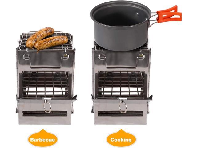 Portable Folding Camping Wood Stove for Outdoor Cooking, Lightweight Stainless Steel Wood Burning Camp Stove with Grill for Backpacking BBQ Picnic,...