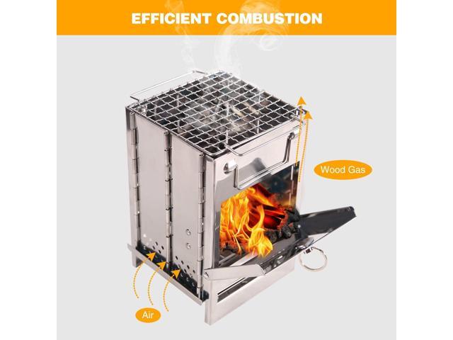 Portable Folding Camping Wood Stove for Outdoor Cooking, Lightweight Stainless Steel Wood Burning Camp Stove with Grill for Backpacking BBQ Picnic,...