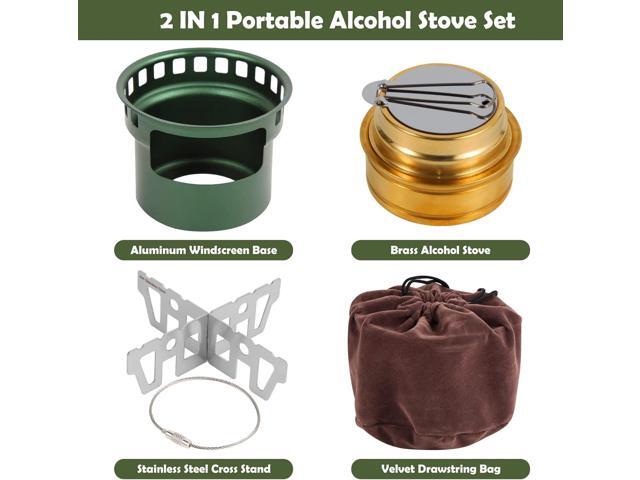 2 In 1 Mini Alcohol Stove For Camping, Portable Alcohol Burner With Stainless Steel Cross Stand, Storage Bag, Lightweight Tiny Brass Stove For...