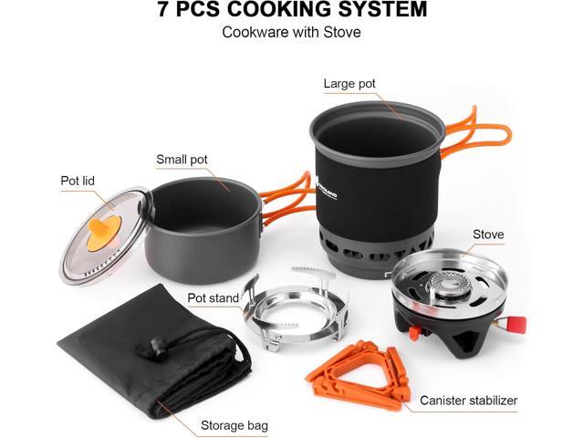 Odoland Heat Exchange Camping Pot with Backpacking Stove 7-in-1 Camping Cookware Mess Kit for Hiking, Trekking, Fishing and Picnic