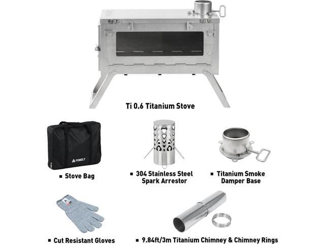 Camping Wood Stove Hot Tent Stove, POMOLY Ti 0.6 Portable Lightweight Titanium Stove for Hiking, Cooking, Heating (Stove Pipe 9.84ft / 3m)