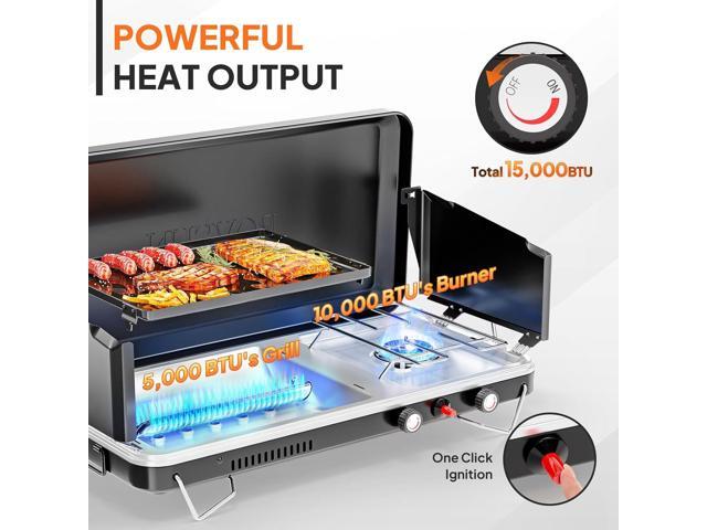 ROVSUN 2-in-1 Portable Camping Stove & Propane Grill with Enamel Griddle & Piezo Igniter, Tabletop Camp Stove with Built-in Handle, Wind Panel &...