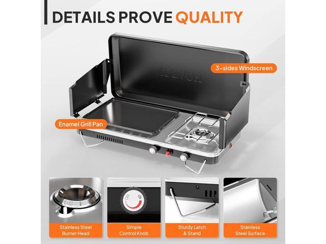 ROVSUN 2-in-1 Portable Camping Stove & Propane Grill with Enamel Griddle & Piezo Igniter, Tabletop Camp Stove with Built-in Handle, Wind Panel &...