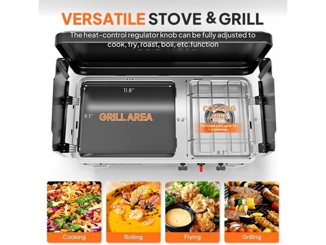 ROVSUN 2-in-1 Portable Camping Stove & Propane Grill with Enamel Griddle & Piezo Igniter, Tabletop Camp Stove with Built-in Handle, Wind Panel &...