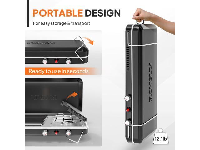 ROVSUN 2-in-1 Portable Camping Stove & Propane Grill with Enamel Griddle & Piezo Igniter, Tabletop Camp Stove with Built-in Handle, Wind Panel &...