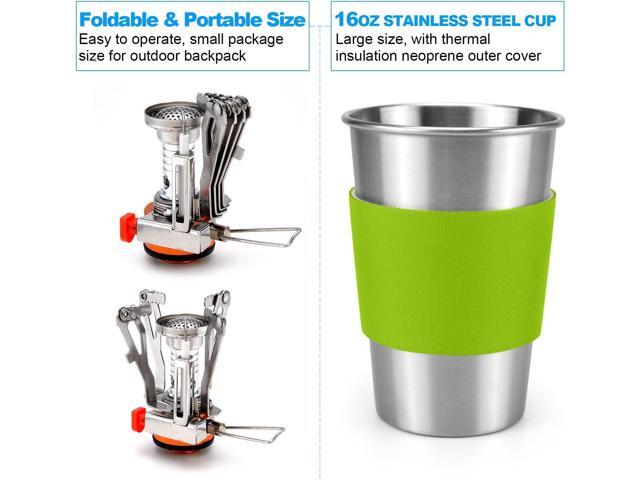 Odoland Camping Cookware Stove Carabiner Canister Stand Tripod and Stainless Steel Cup, Tank Bracket, Fork Spoon Kit for Backpacking, Outdoor...