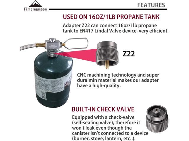 CAMPINGMOON Propane to Butane Camping Stove Adapter with Hose Valve Convert 16oz/1Lb Small Propane Tank to EN417 Lindal Valve Z22/Z21