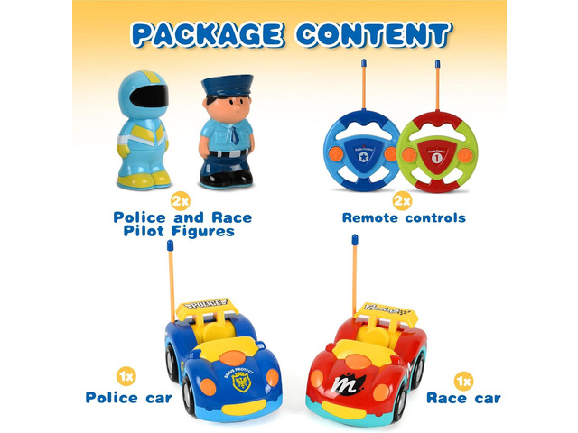 Remote Control Cartoon Police and Racing Cars: RC Toys for Toddlers Kids Boys and Girls - Set of 2 Vehicles for Simultaneous Play