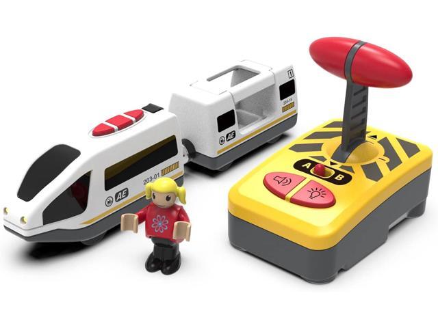 Wooden Train Set Accessories Battery Operated Locomotive Train, Remote Control Train Vehicles for Wood Tracks, Powerful Engine Train Cars Fits All...